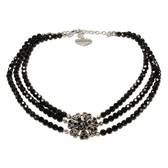 Alpenflüstern Collier Perlen-Trachten-Collier Jasmin (schwarz) - Trachtenkette mit Strass-Blüte - Damen-Trachtenschmuck Dirndlkette