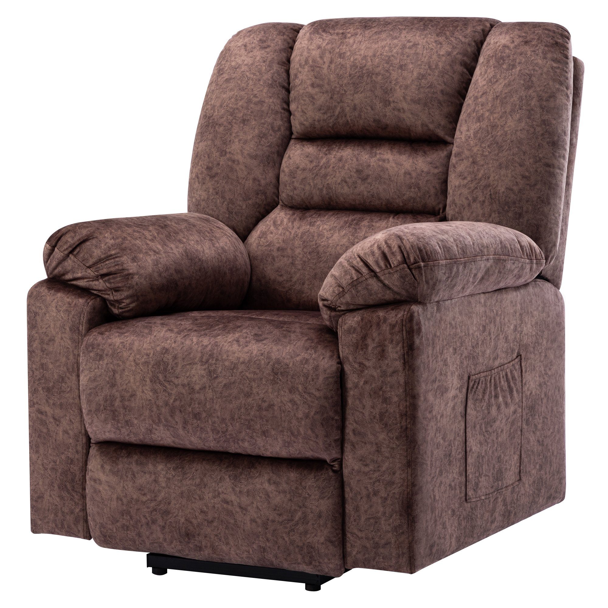 TV-Sessel (Fernsehsessel mit Aufstehhilfe, Schlafsessel, Relaxsessel, Massagesessel, Liegefunktion, Wärmefunktion und Vibrationsmassage), bis zu 150 kg belastbar, Stoff, Braun / Grau