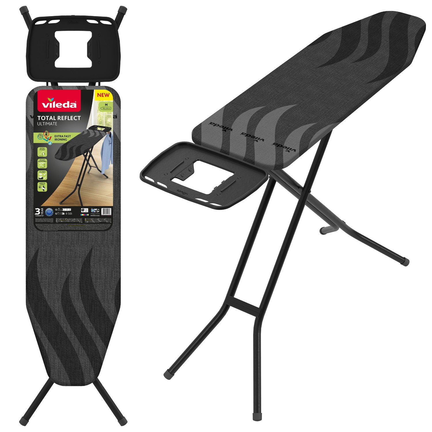 Vileda Bügelbrett Total Reflect Ultimate, Bügelfläche 120x38 cm, Reflektiert Wärme und Dampf zurück auf die Textilien