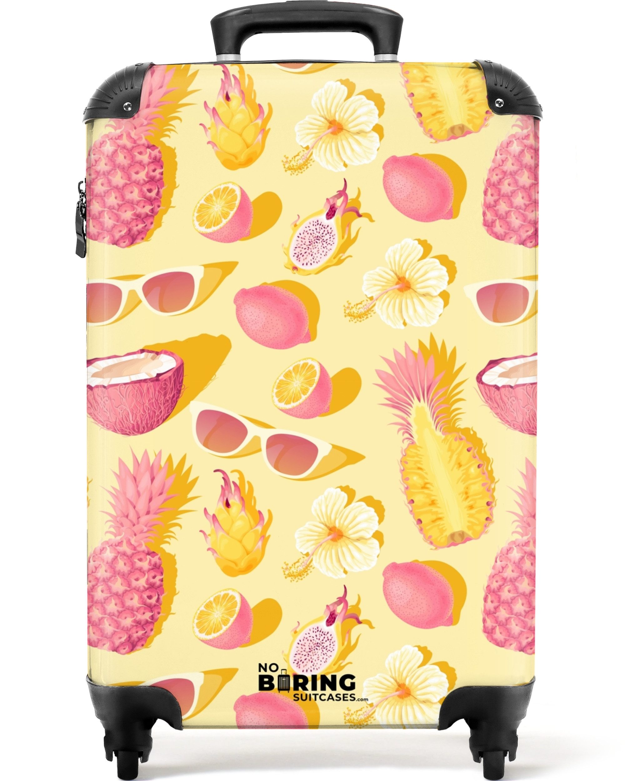 NoBoringSuitcases.com© Kinderkoffer Rosa und gelbes Muster aus Blumen und tropischen Früchten 55x35x20cm, 4 Rollen, Reisetasche mit Rollen, Koffer Handgepäck Flugzeug