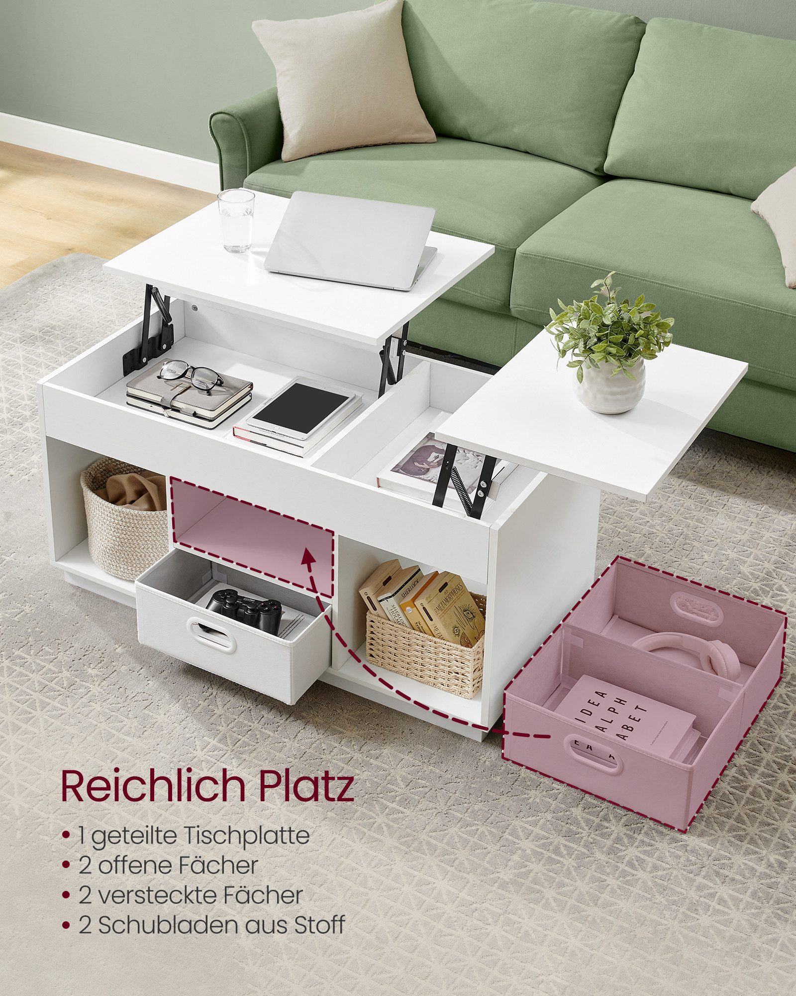 VASAGLE Couchtisch höhenverstellbarer Wohnzimmertisch, für Wohnzimmer, Homeoffice (inkl. Zubehörpaket & Anleitung), 2 Schubladen und versteckte Fächer, Kaffeeti – Bild 4 von 5