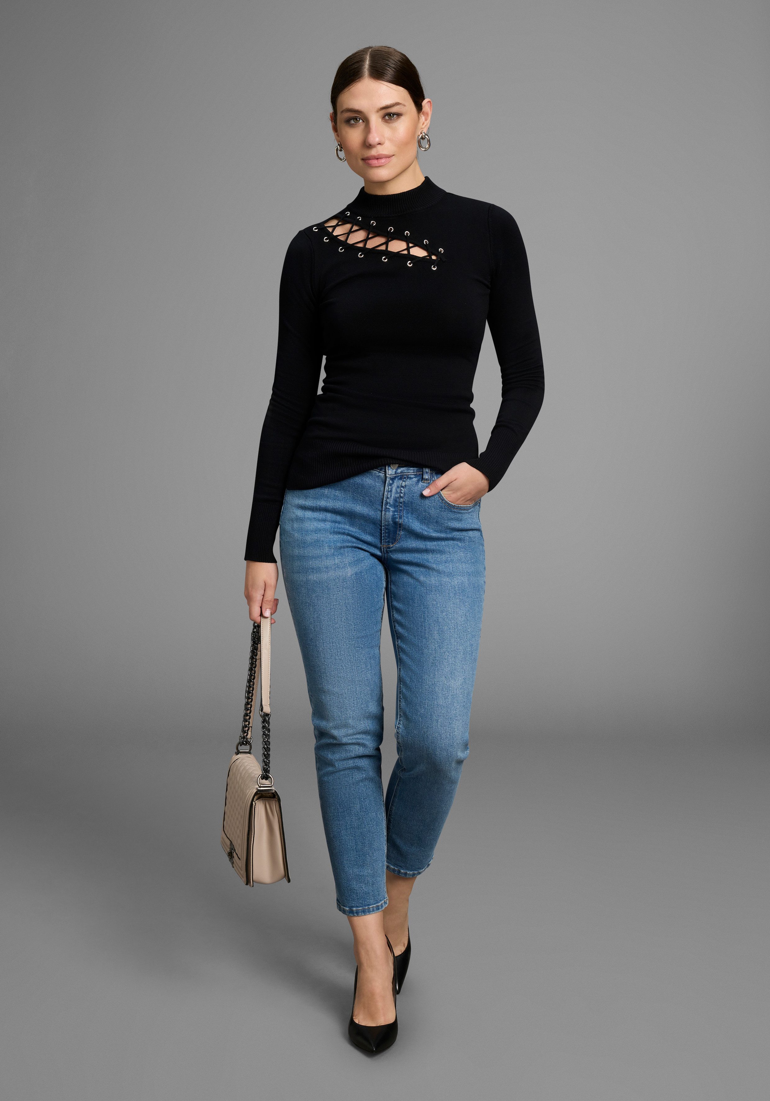 Melrose Stehkragenpullover feminine Passform mit Zier-Schnürung