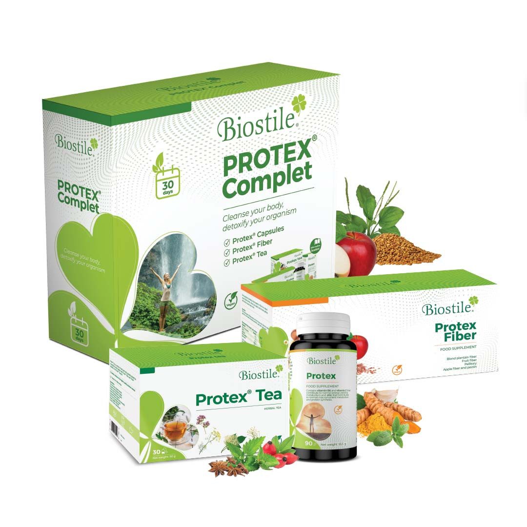 Biostile Protex 30-Tage-Kur für Verdauung und Darmbalance - Komplett Set, 416 g, Mit 90 Kapseln, 30 Protex Fiber Beuteln und 30 Kräutertee-Beuteln