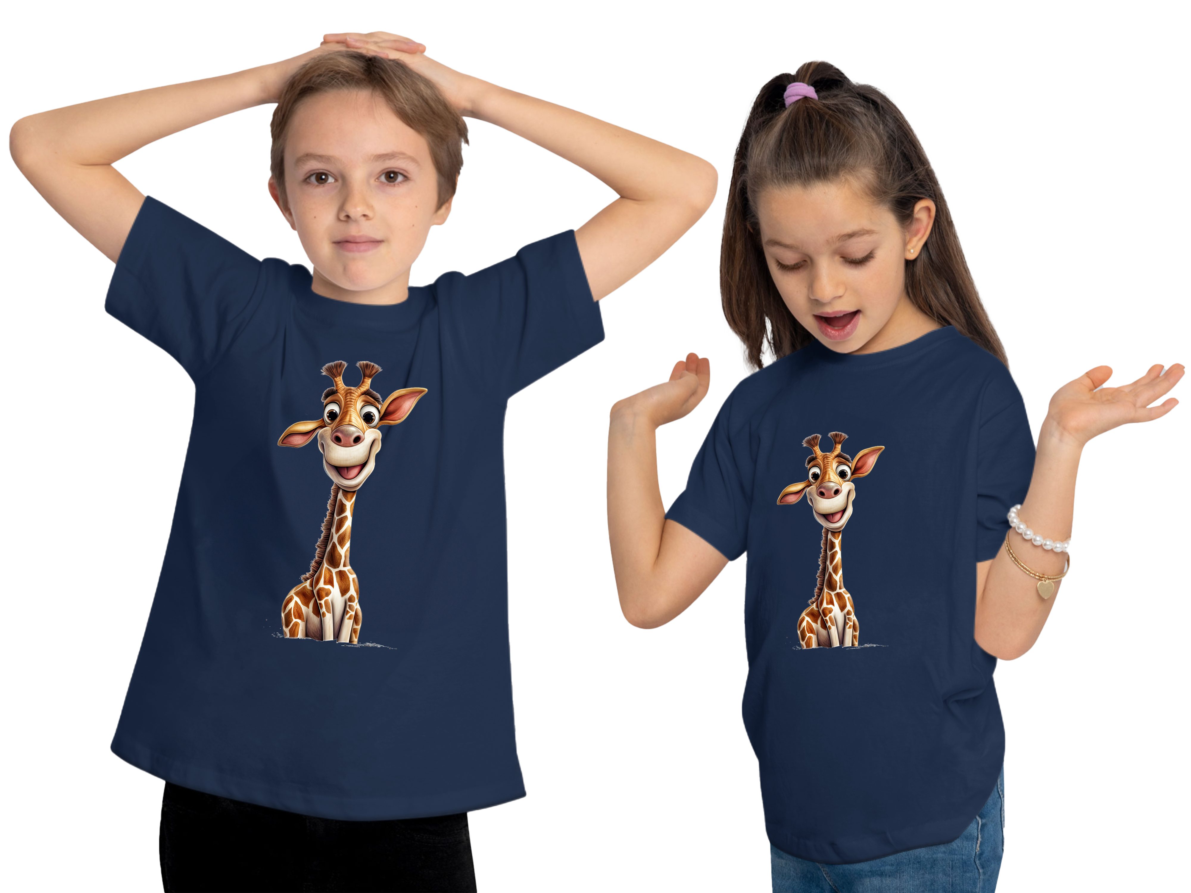 Shirt MyDesign24 T-Shirt Wildtier blau mit Print bedruckt Baby Baumwollshirt Kinder navy Aufdruck, - Giraffe i273