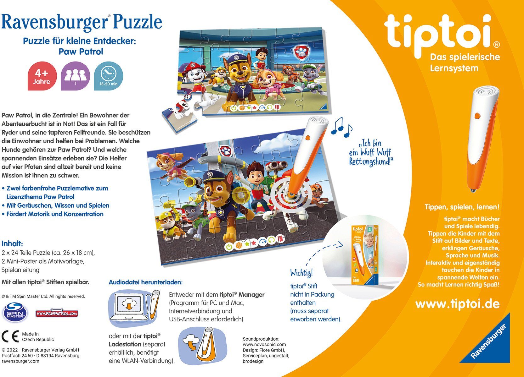 Ravensburger Puzzle tiptoi® Puzzle für kleine Entdecker: PAW Patrol, 24 Puzzleteile, (2 x 24 Teile) Made in Europe