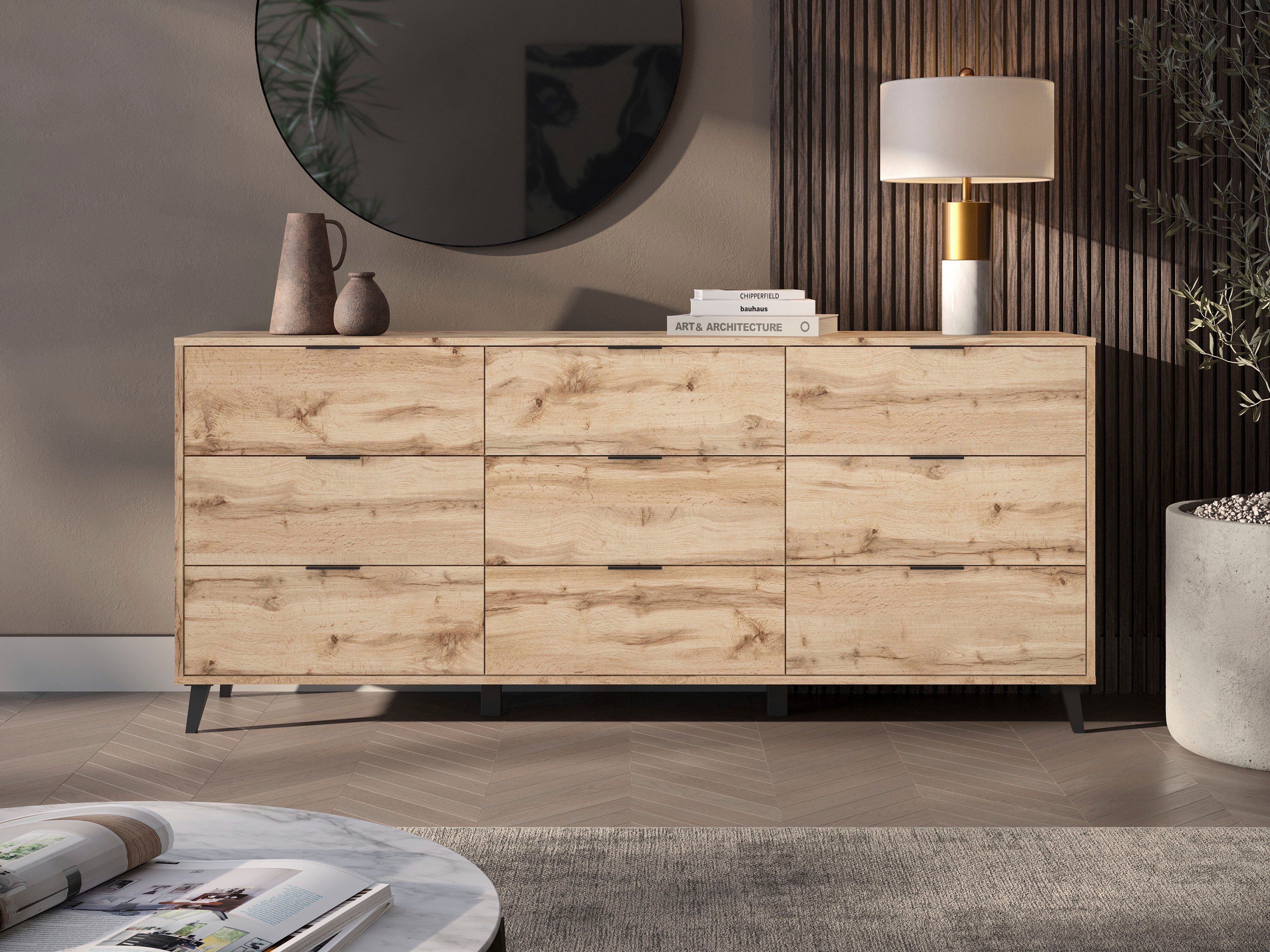 OTTO home Sideboard Oslo, B/H/T: 180/76/39,5 cm, 9 Schubladen, schwarze Metallgriffe, viel Stauraum