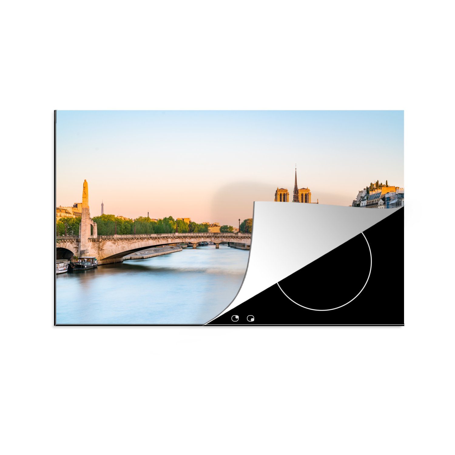 MuchoWow Herdblende-/Abdeckplatte Paris - Brücke - Wasser, Vinyl, (1 tlg), 81x52 cm, Induktionskochfeld Schutz für die küche, Ceranfeldabdeckung