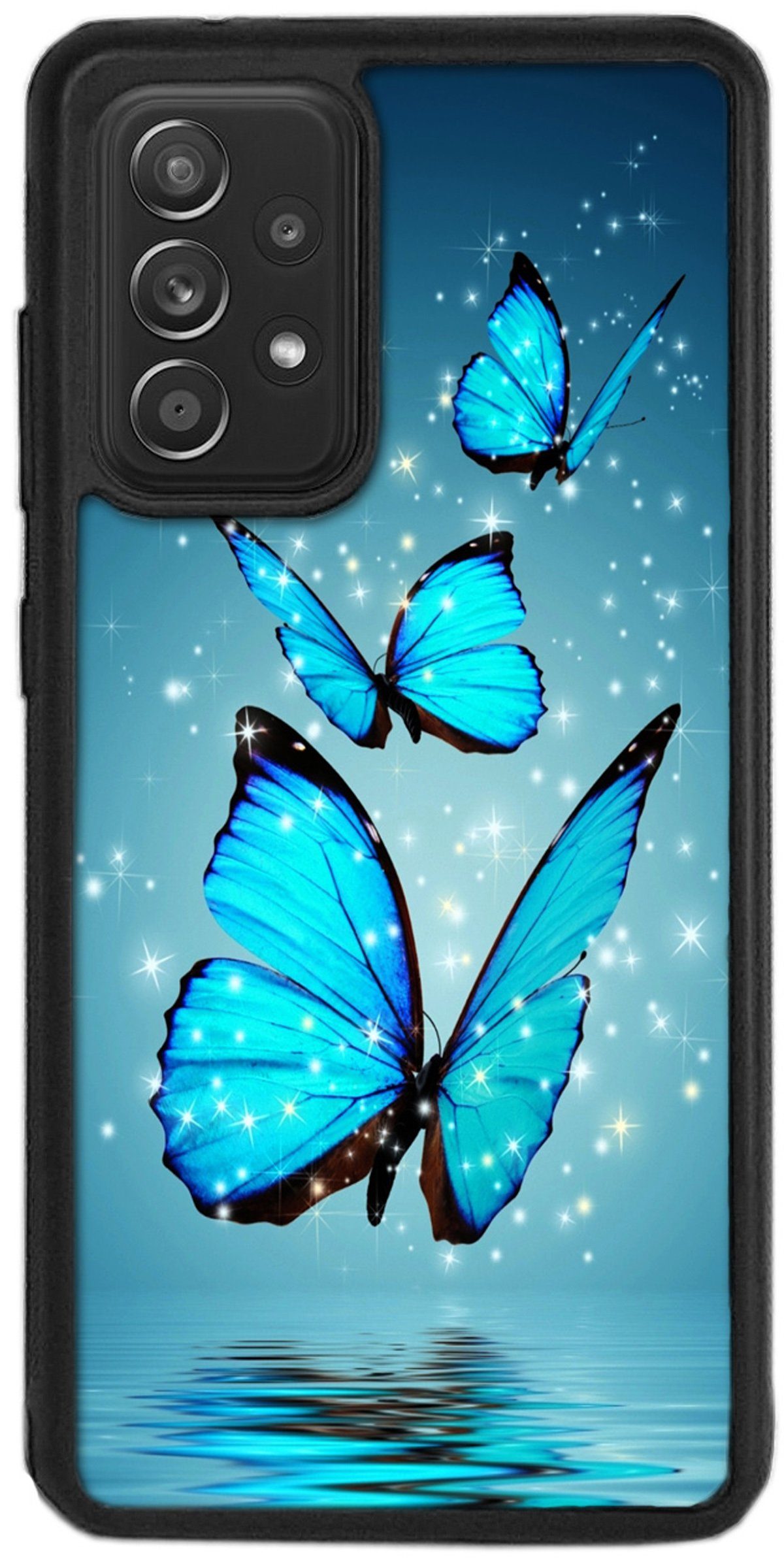 Traumhuelle Handyhülle TPU HÜLLE Silikon MOTIV 4 Case Cover Schutzhülle Backcover Etui 5G, Schmetterling Blau Handy Bumper Smartphone Rückschale Schwarz