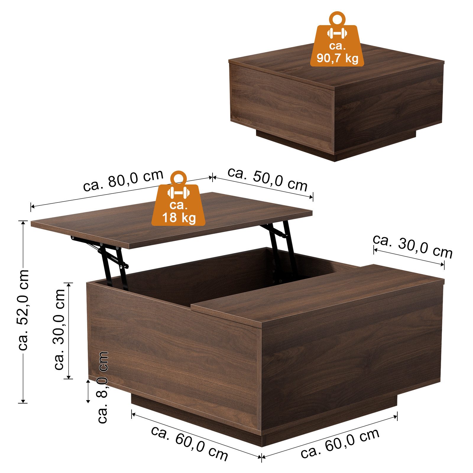 FABATO Couchtisch eckig, höhenverstellbar mit verstecktem Staufach, Landhaus-Design (1-St), mit einem sanften Hebe-Mechanismus, nussbaum