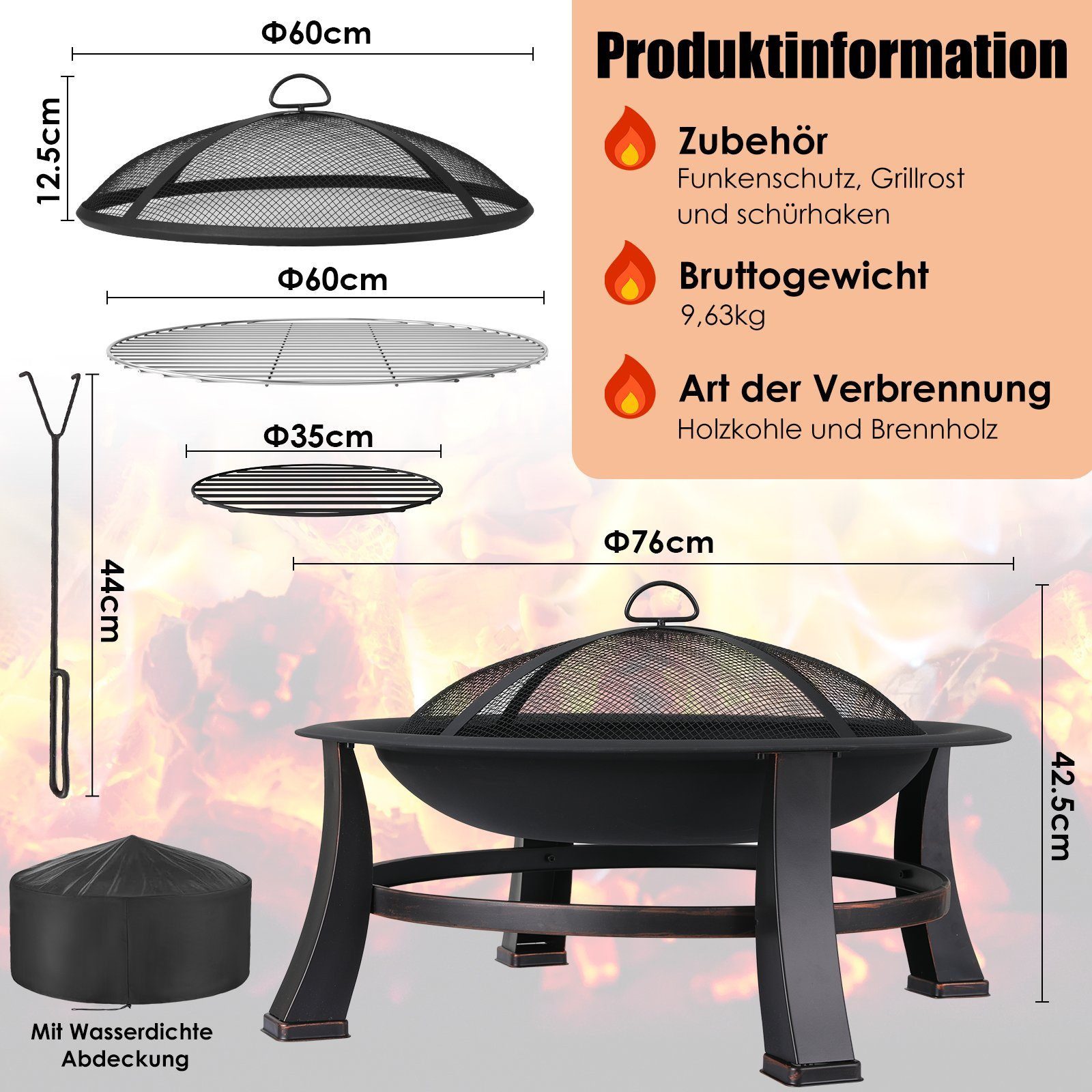 TLGREEN Feuerschale Φ76cm Feuerkorb mit grillrost, (Feuerkorb mit 600D wass günstig online kaufen
