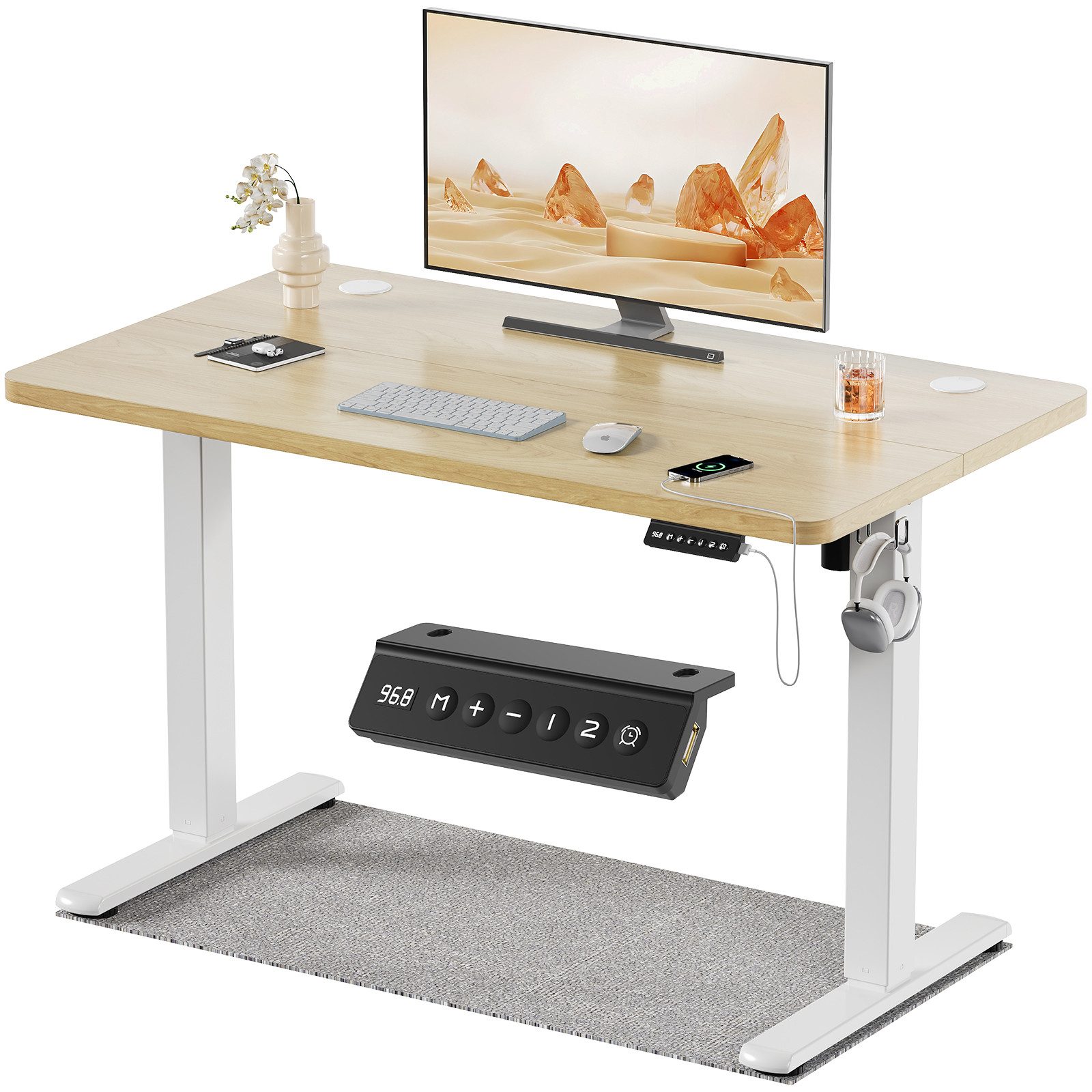 Furnicopia Schreibtisch Höhenverstellbarer mit USB-Ladefunktion und Wecker-Erinnerung (2 Höheneinstellungen 5 Farben und 6 Größen fur eine Vielzahl von Arbeits- und Lernumgebungen)