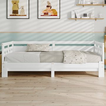 SOFTWEARY Kinderbett Ausziehbett mit Lattenrost und ausziehbarer Liegefläche (90x200 cm/180x200 cm), Holzbett aus Kiefer, Jugendbett