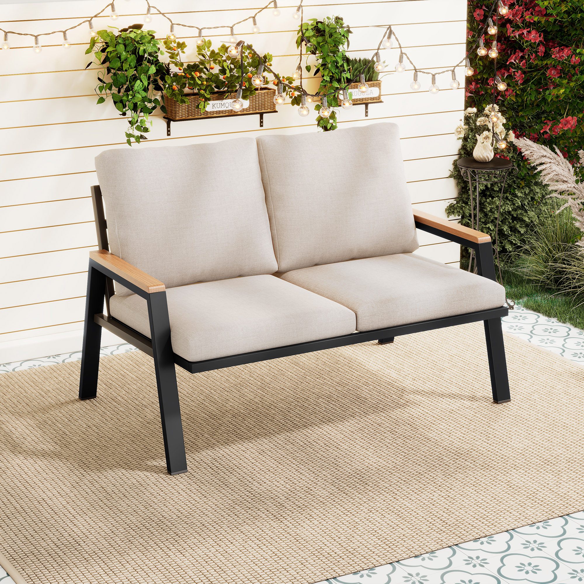 Celya Gartenlounge-Set Gartenlounge-Set, Gartenmöbel-Set mit bequemen Kissen, (Industriestil, grau, Handläufe aus Holz-Kunststoff-Verbundwerkstoff), 2-Sitzer-Sofa, verzinkter Stahl