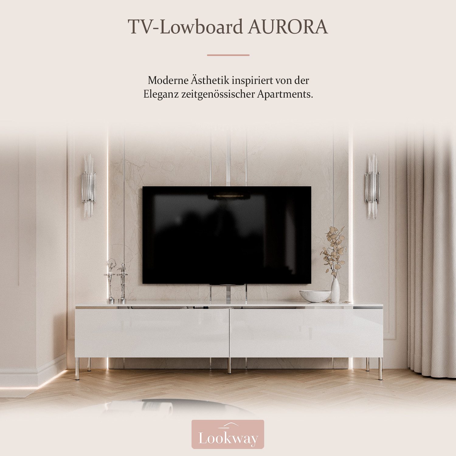 Lookway TV-Schrank AURORA SILVER auf Beinen und LED Beluchtung Breite: 180 cm, Höhe: 45/49,5 cm, Tiefe: 40 cm – Bild 2 von 5