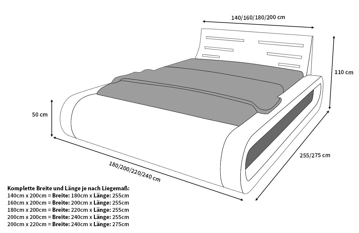 mit mit Beleuchtung mit Premium Kunstleder Bett Beleuchtung, Dreams Sorano Topper, Boxspringbett Komplettbett LED mit LED schwarz-weiß Matratze, Sofa