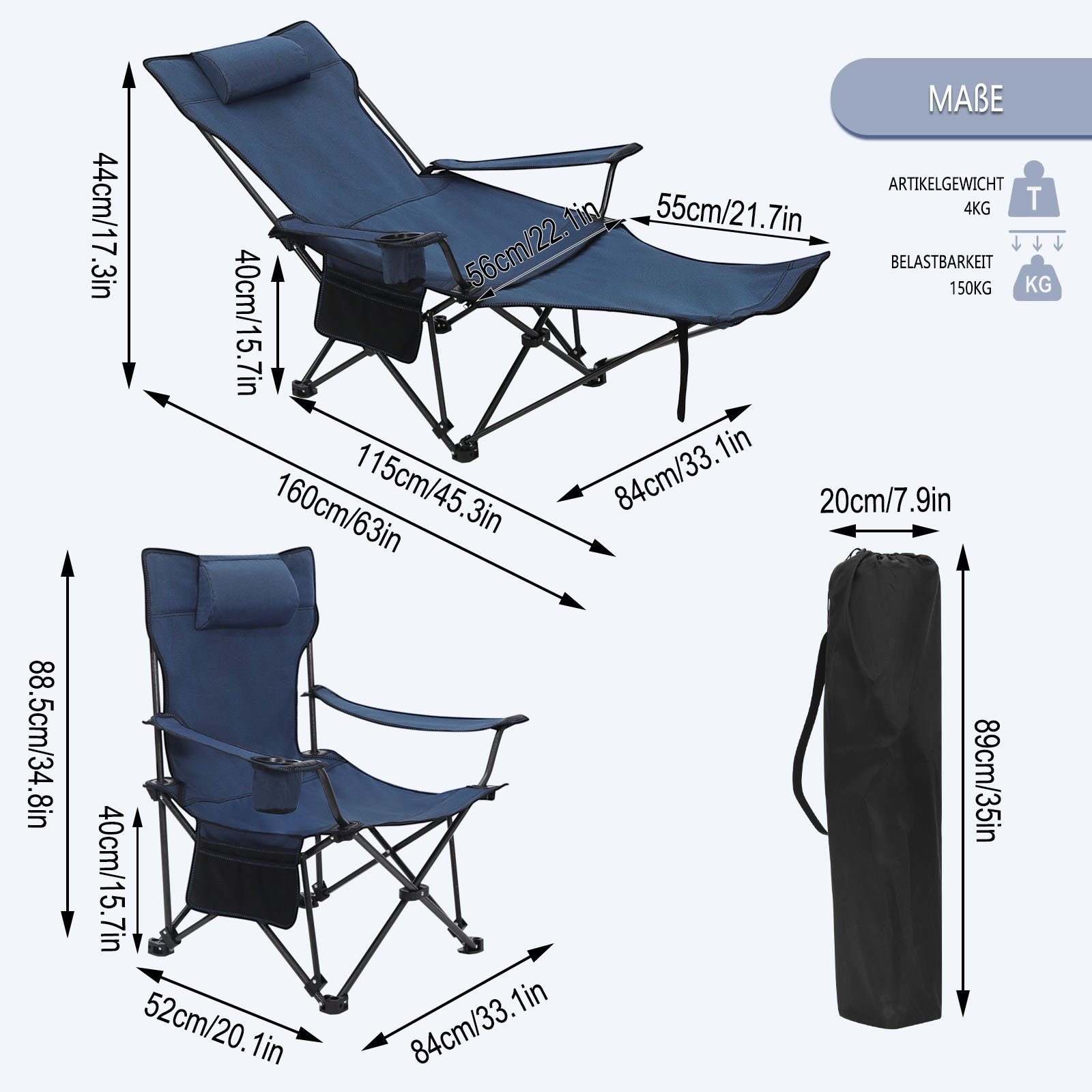 Woltu Campingstuhl (1 St), klappbar für Outdoor mit Armlehnen Getränkehalter