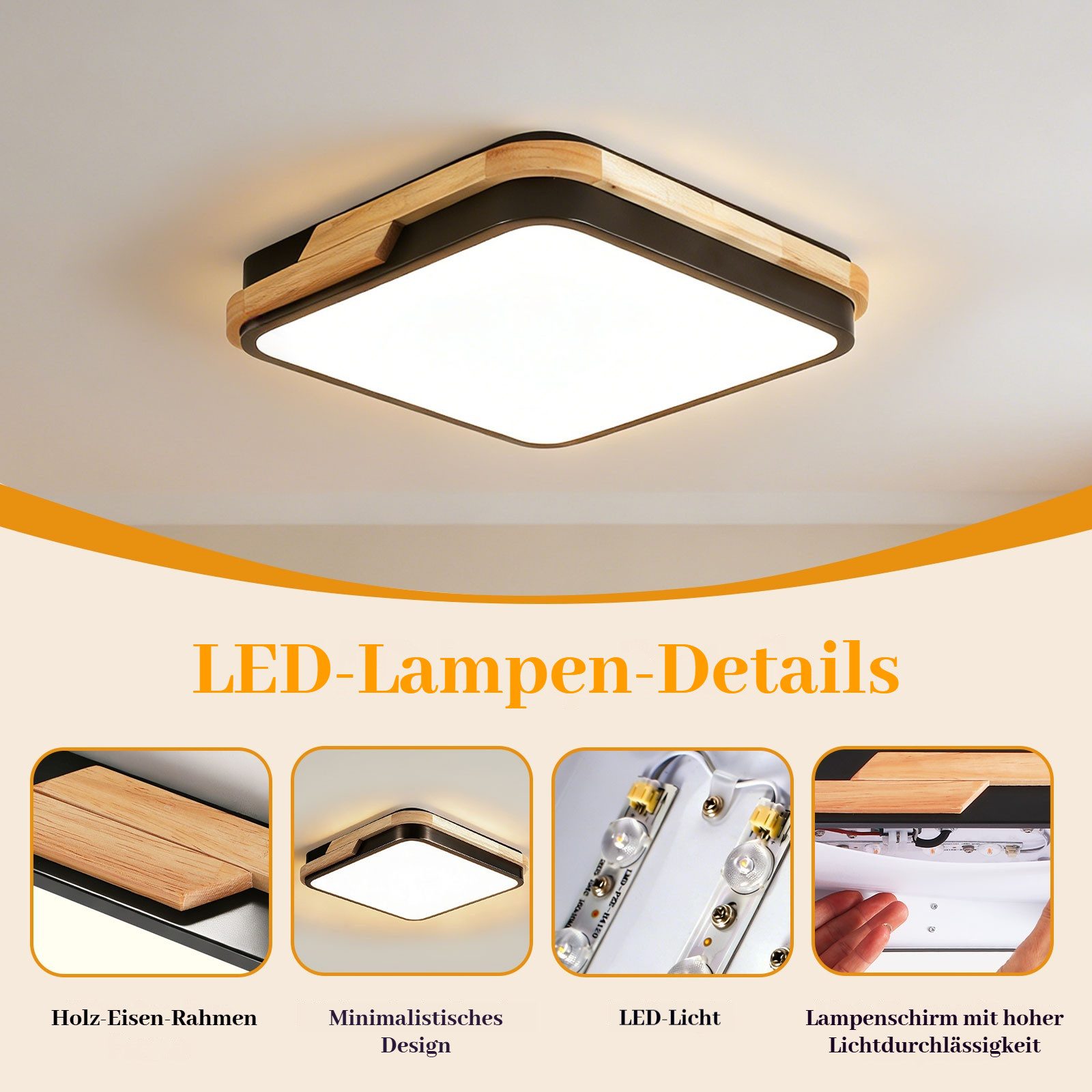 BlingBin LED Deckenleuchte 25/30 W, Warmweiß, 3000 K, Holzoptik, Deckenlampe für Innenbereich, 2500LM, LED fest integriert, Warmweiß, Naturholz Ceiling Light Für Wohnzimmer, Küche, Schlafzimmer