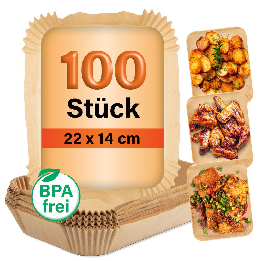 GOURMETmaxx Backpapier für Doppelkorb-Airfryer - 100 Stück – 22 x 14 x 4,5cm, Airfryer Heißluftfritteuse Einwegschalen Baking Paper