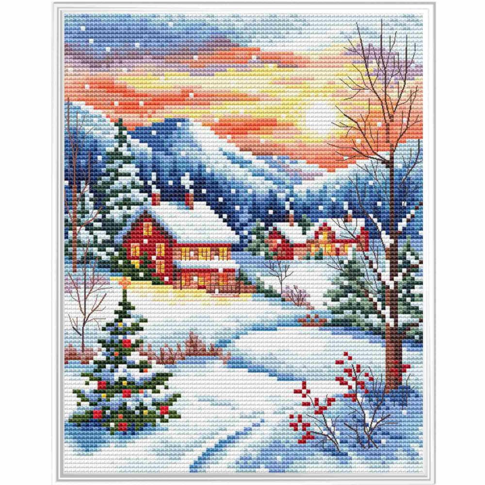 Collection D'art Kreativset CDA Kreuzstich Stickpackung "Verschneites Dorf", Zählmuster, 15,5x20cm, (embroidery kit by Marussia)