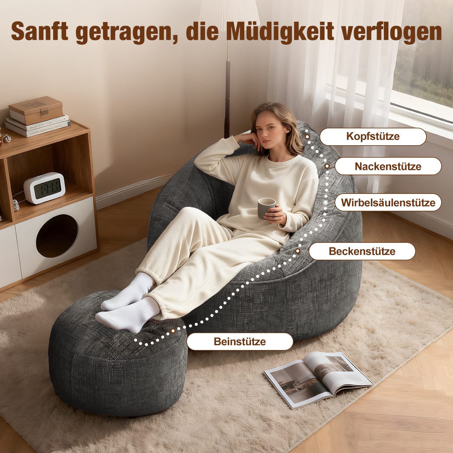 Lexzurn Sitzsack Sitzsack Lazy Sofa Gaming Sitzsack mit Hocker, Sitz Sack mit (Granularer-MemorySchwamm Füllung, Lounge Sessel, Lounge Stuhl, 97x93x77 cm Couch für Erwachsene und Kinder), Weich und Formstabil, Für Schlafzimmer, Büro und Wohnzimmer