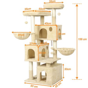 MSMASK Kratzbaum Katzenbaum mit 2 Plattformen und 3 Katzenhöhlen,156cm, Stabiler Kletterbaum für große Katzen