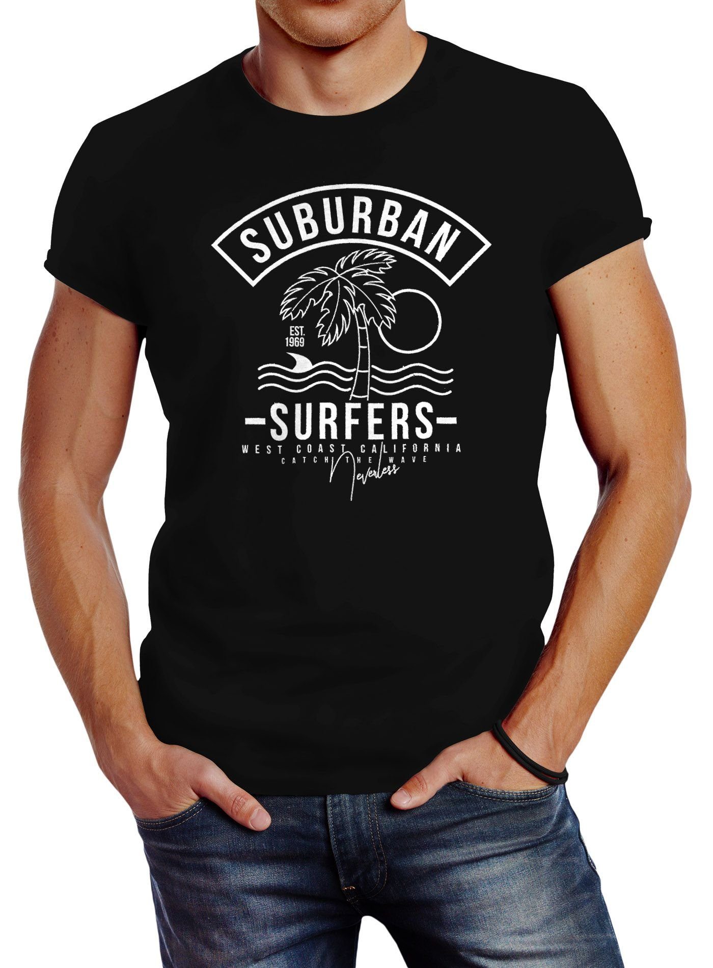 Neverless Print-Shirt Herren T-Shirt Suburban Surfers West Coast California Urlaub Meer Wellenreiten Slim Fit Neverless® mit Print