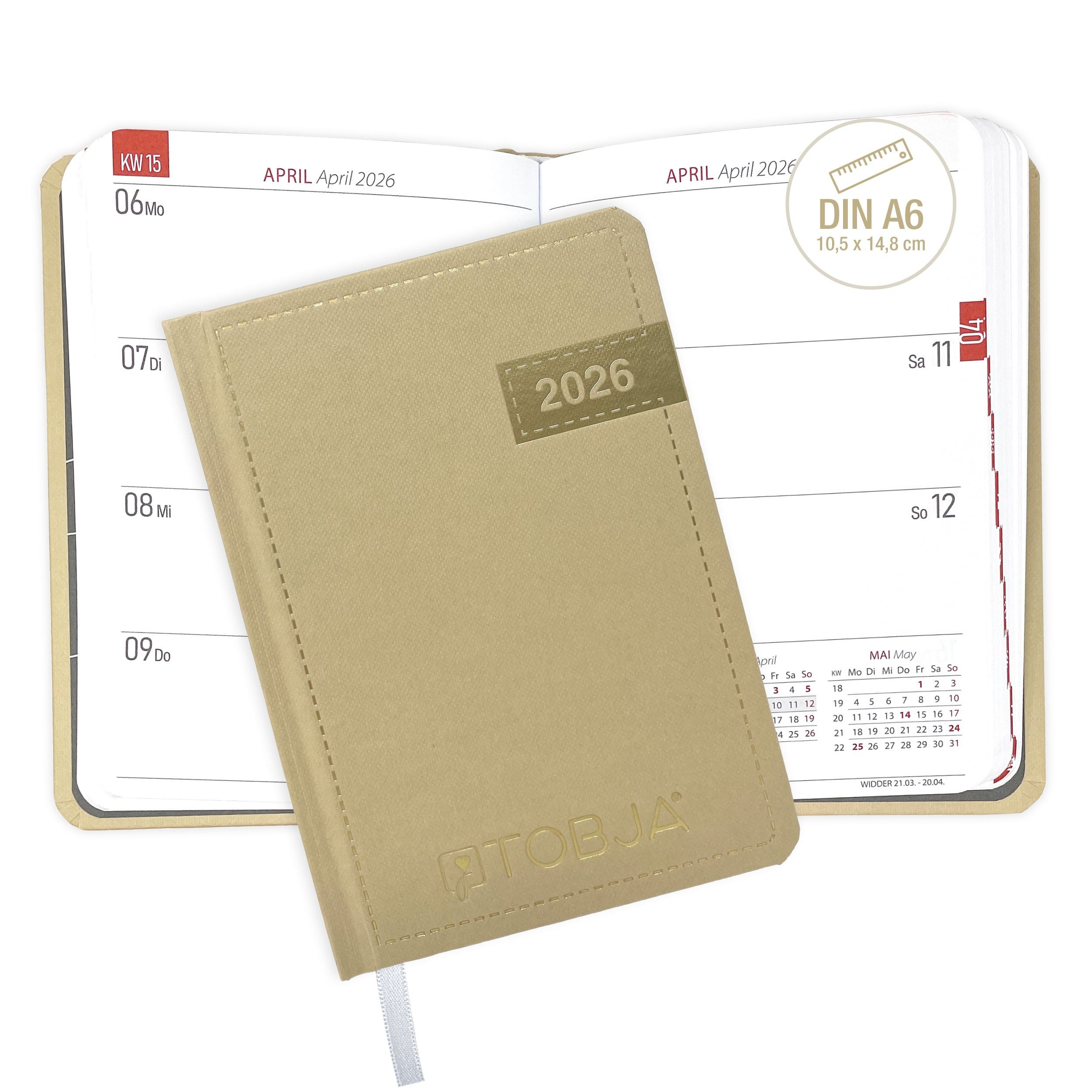 TOBJA Taschenkalender A6 Denim Kalender Beige, Hardcover, Taschenkalender 2026 klein, Kalender 2026 A6
