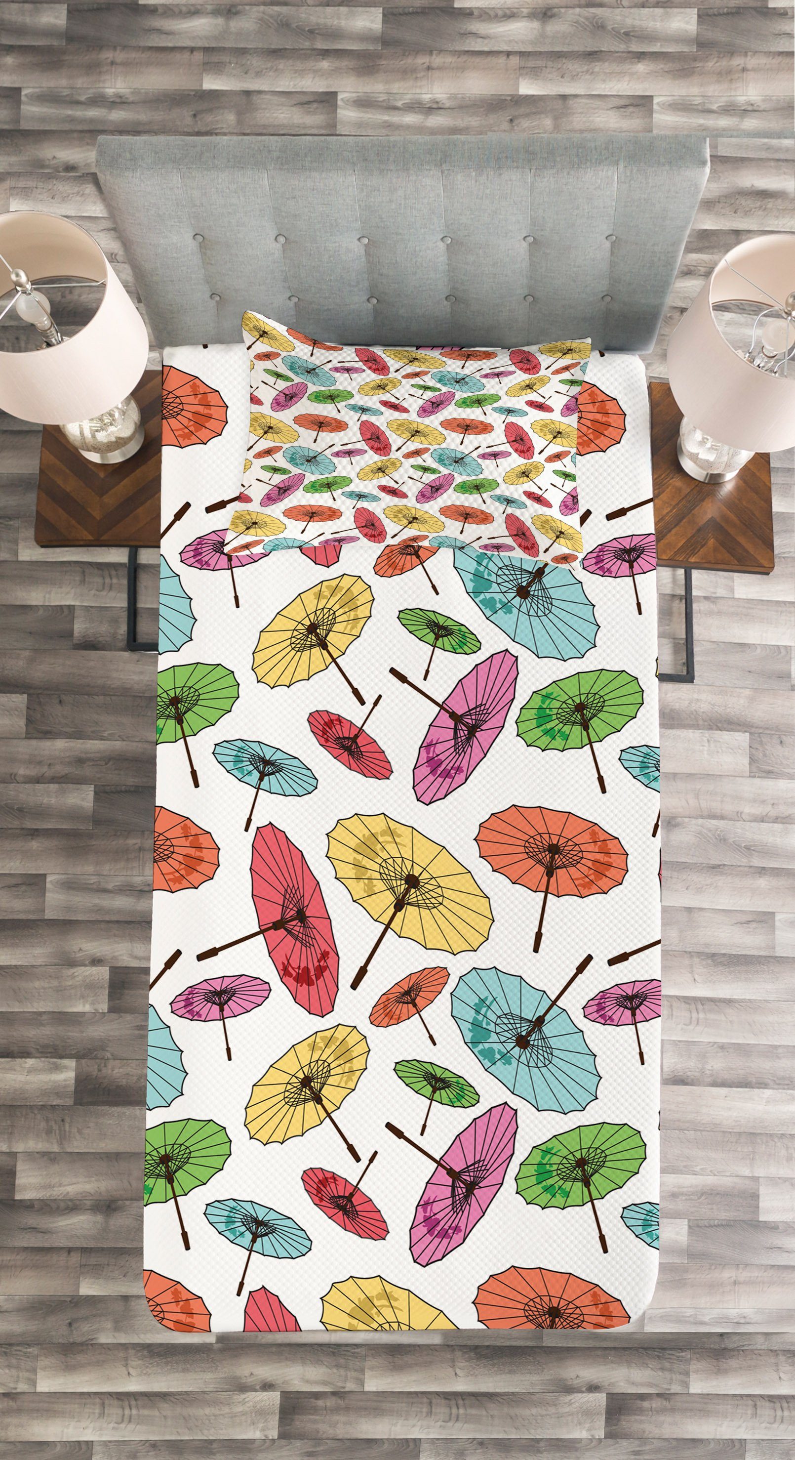 Asiatischen Kissenbezügen Regenschirm mit Zubehör Set Stil Waschbar, Tagesdecke Abakuhaus,