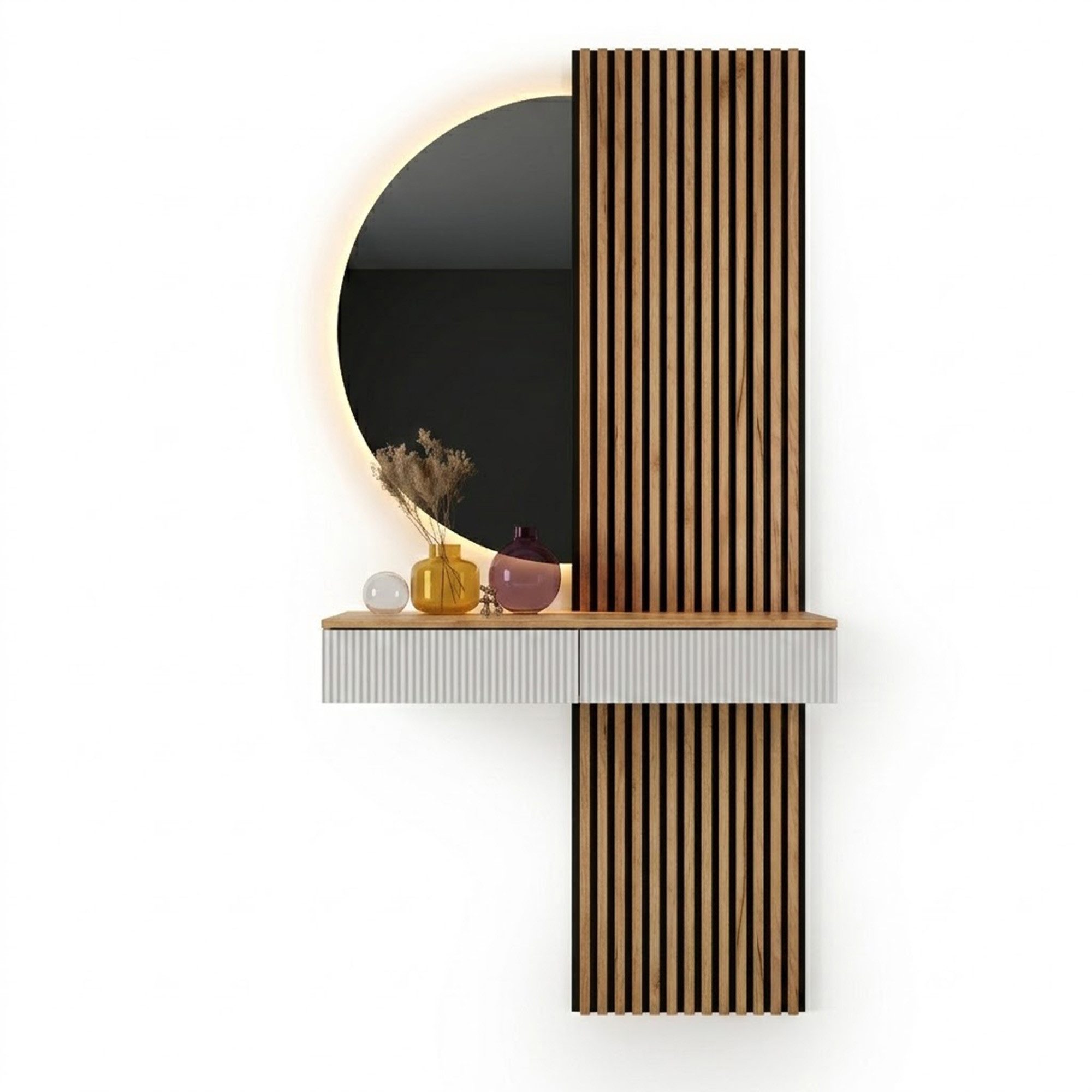 Planetmöbel Garderoben-Set AMYRA Flur Garderobe Spiegel mit Beleuchtung & Akustikpaneele, (LED Spiegel NIVORA 50 x 100 cm, Touch-Funktion, Dimmbar, Konsolentisch 100 cm mit moderner Front weiß), Akustikpaneele 2 x 120cm mit MDF-Latten & 5mm Filzplatte