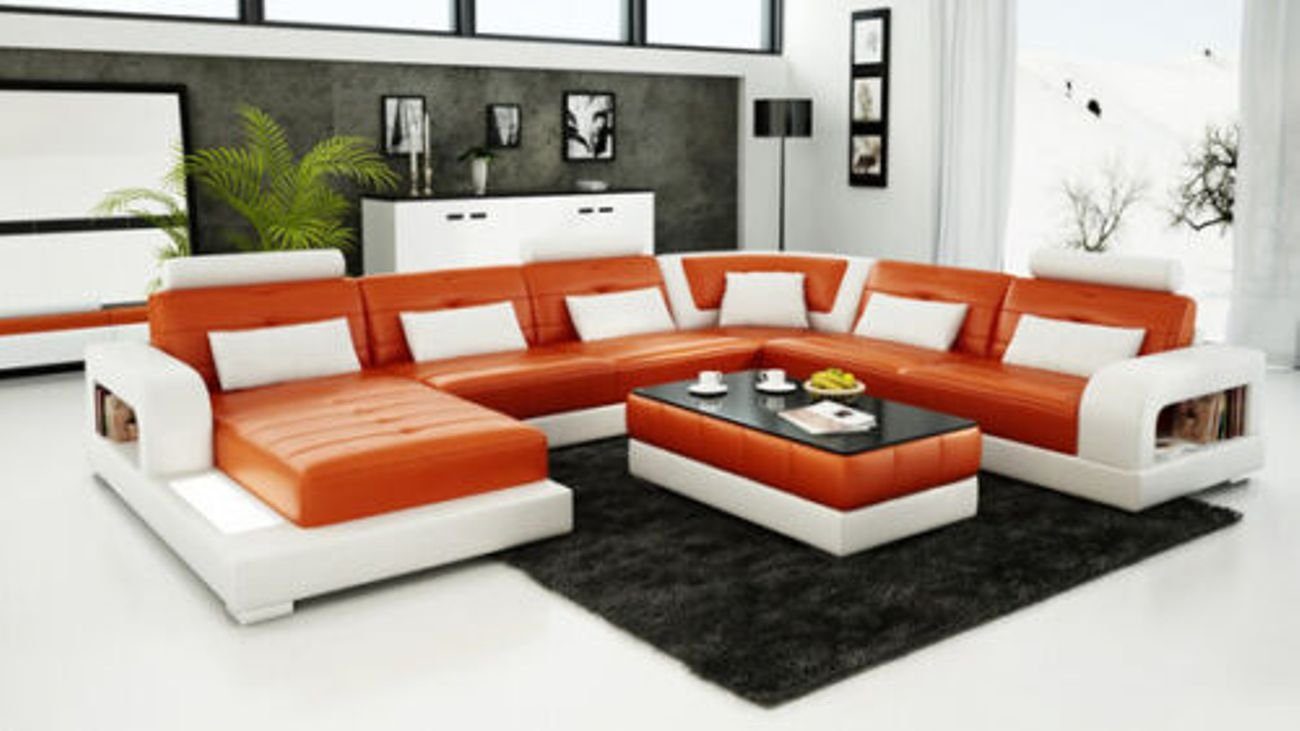 JVmoebel Ecksofa Leder Sofa+USB Couch Wohnlandschaft Eck Garnitur Modern Polster U Form Orange