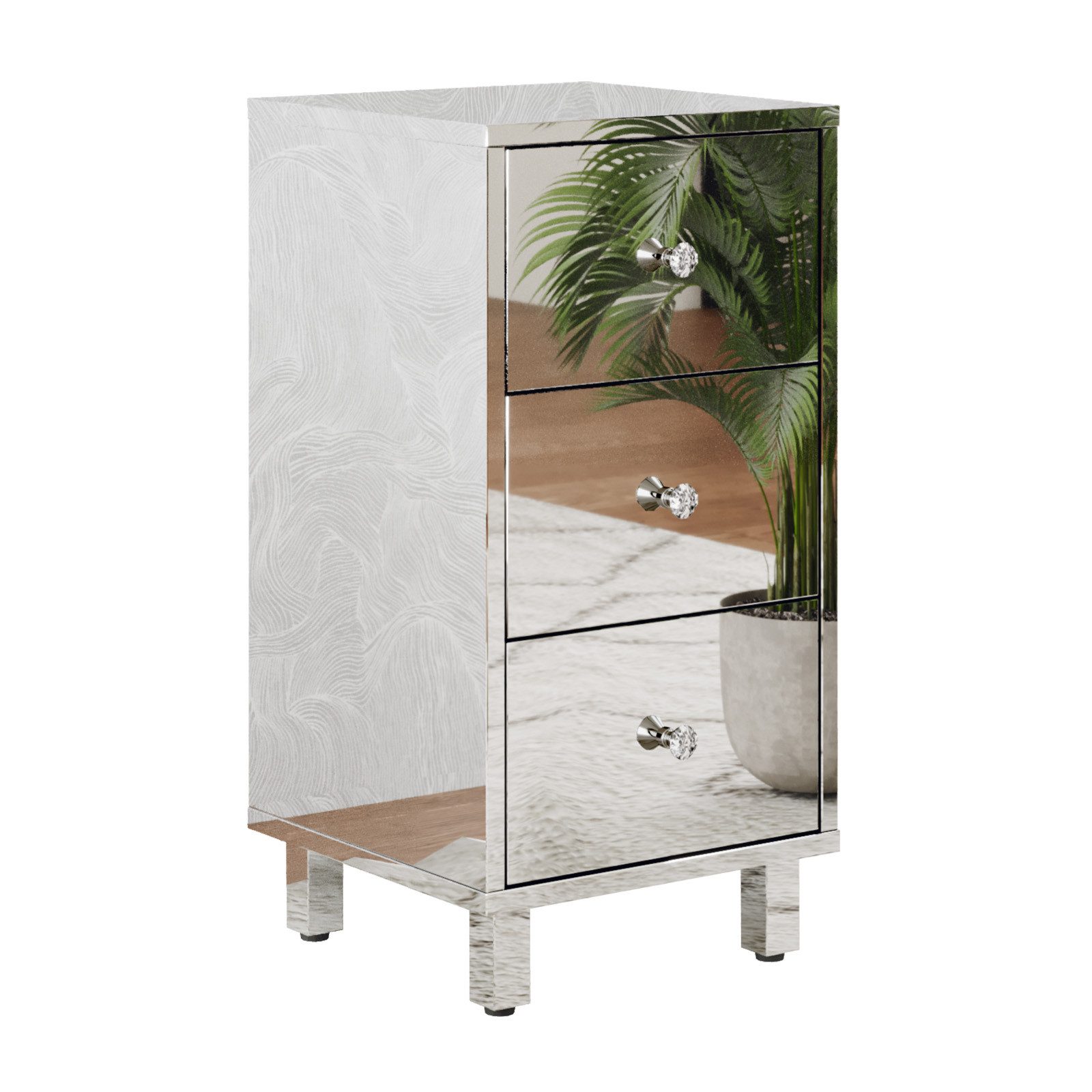 VINGLI Nachttisch Schmal mit 3 Schubladen, Spiegeloptik-Folierung, 30x30x60cm, Nachtschrank für Schlafzimmer & Wohnzimmer