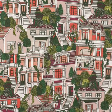 SCHÖNER LEBEN. Stoff Dekostoff Premium Village House Häuser rot grün beige 1,40m
