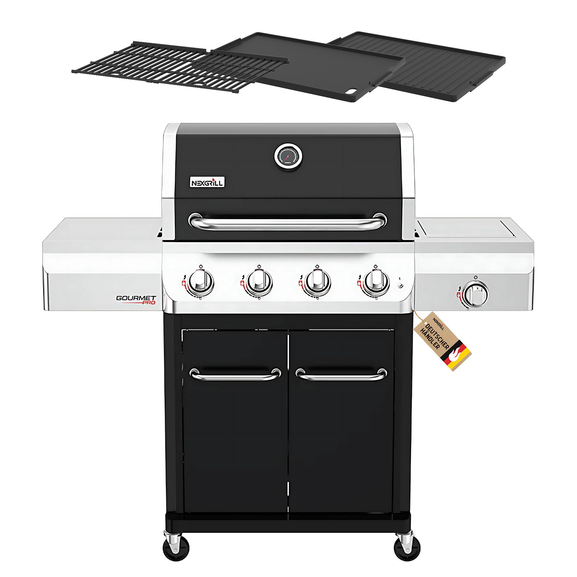 nexgrill Gasgrill 4B Gourmet Pro 4 + 1 Brenner, Seitenkochfeld & Gusseisen Plancha, 16,5KW, Gourmet Pro, Aufbaumaß: 134x56x121 cm