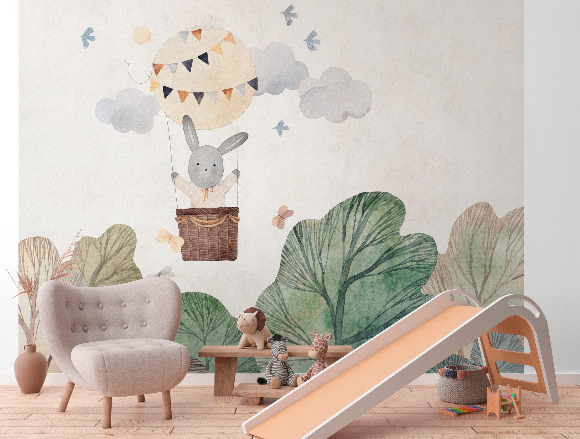 living walls Fototapete THE WALL III Kinderzimmer Tapete Motivtapete Hase Kinder, glatt, matt, (1 St), Vliestapete Heißluftballon Schlafzimmer Küche Wohnzimmer Kinderzimmer