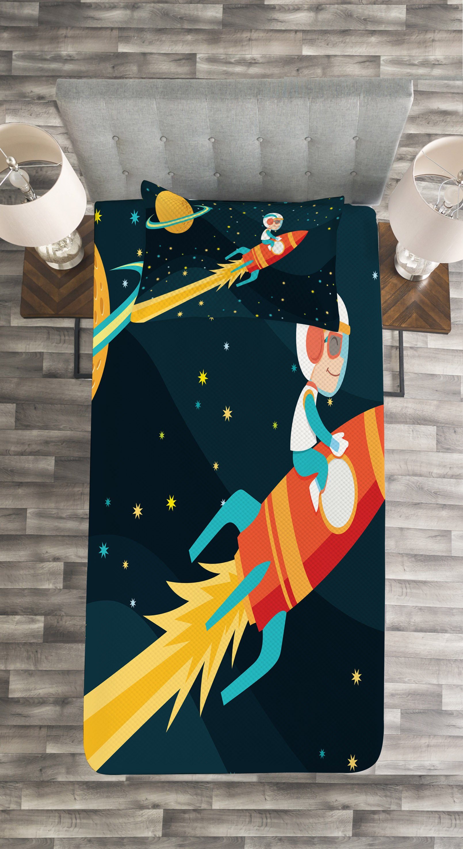 Waschbar, Abakuhaus, Rocket-Abenteuer einem Rakete Junge Tagesdecke Kissenbezügen Set mit auf