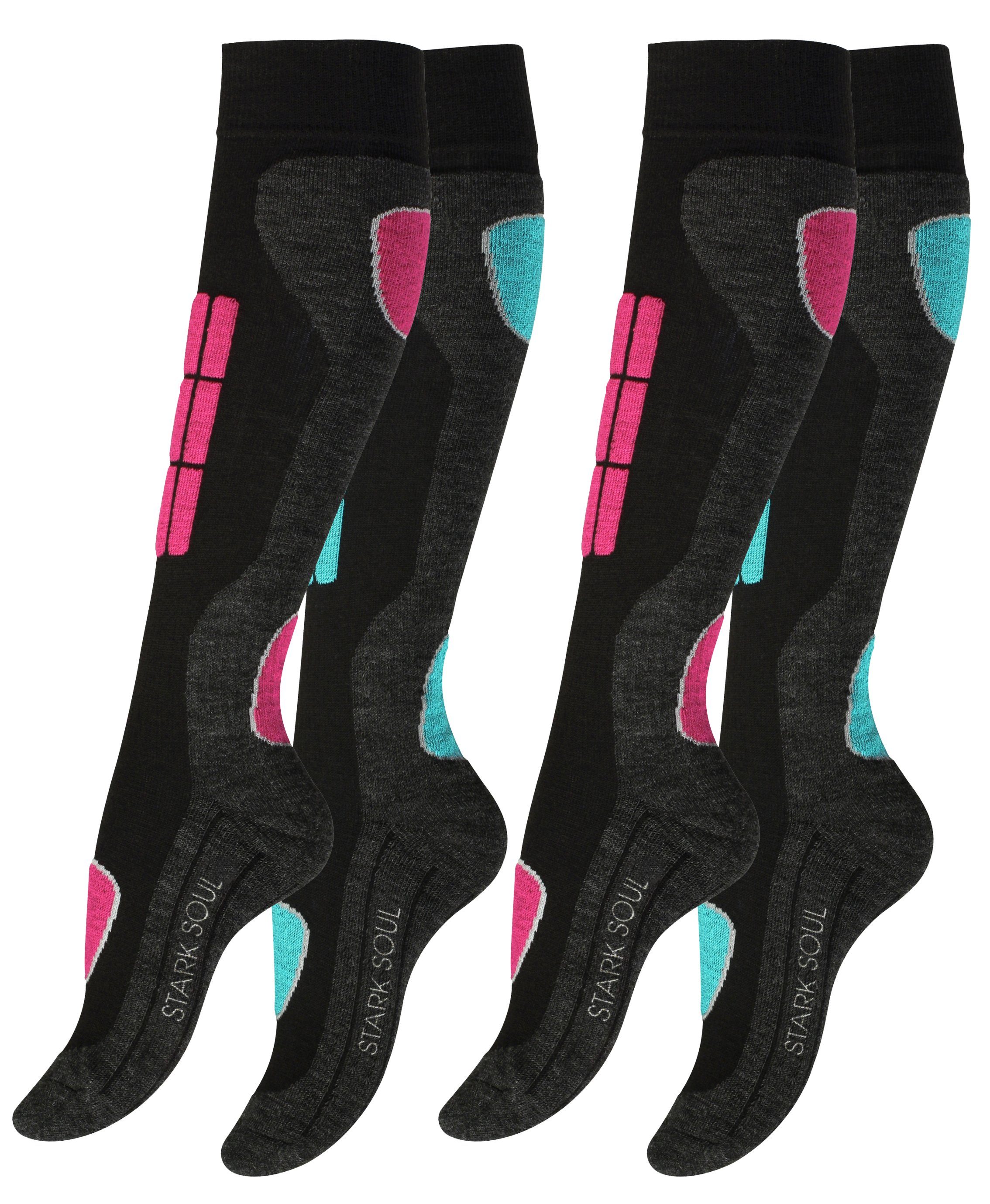 an Socken, Spezial den und mit 2er-Pack, Dehnungszonen Spezialpolsterung, Pink/Turquoise 2 flache Nähte, dickes Soul® Skisocken Knöchel Snowboard Spann, Proteegewebe & Belastungszonen, Stark -Polsterungen Paar Socken Ski Wintersport an