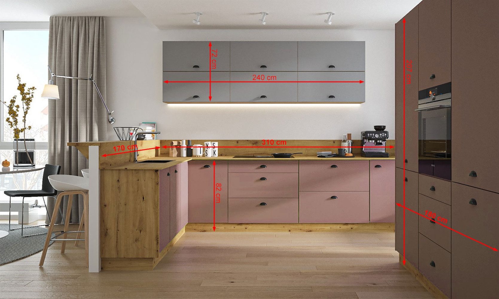 Feldmann-Wohnen Winkelküche Bonn, (Soft-Close-Funktion, Schubladen mit Teilauszug, Besteckkasteneinsatz), 310cm eiche artisan matt/rosé kupfer matt + dust grey matt 15-teilig