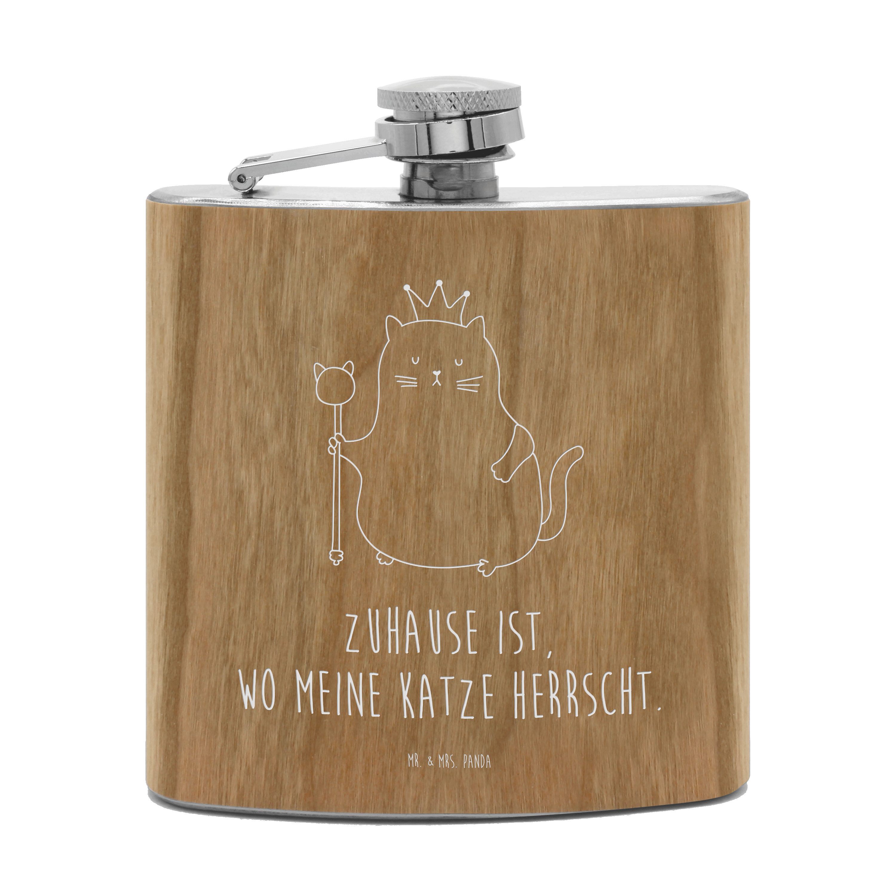 Mr. & Mrs. Panda Flachmann Katze König - Transparent - Geschenk, Taschenflasche, Katzenfan, Flac, Elegante Holzlaminat-Oberfläche