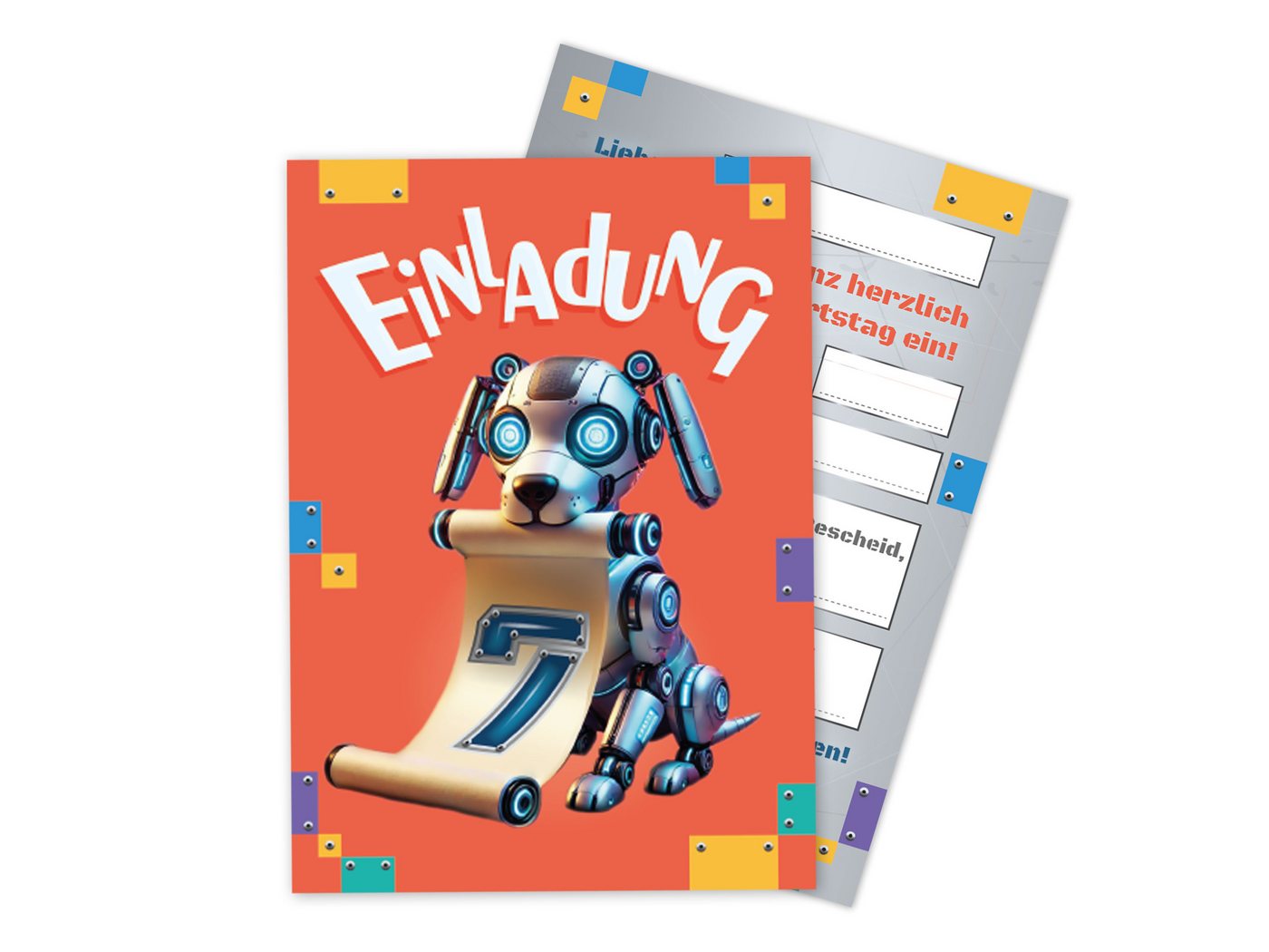 Thumbnail - LIMONIA Einladungskarten Roboter Hunde Einladungen zum 7. Kindergeburtstag Umschlägen Cyberhund, Einladungskarten mit Um...