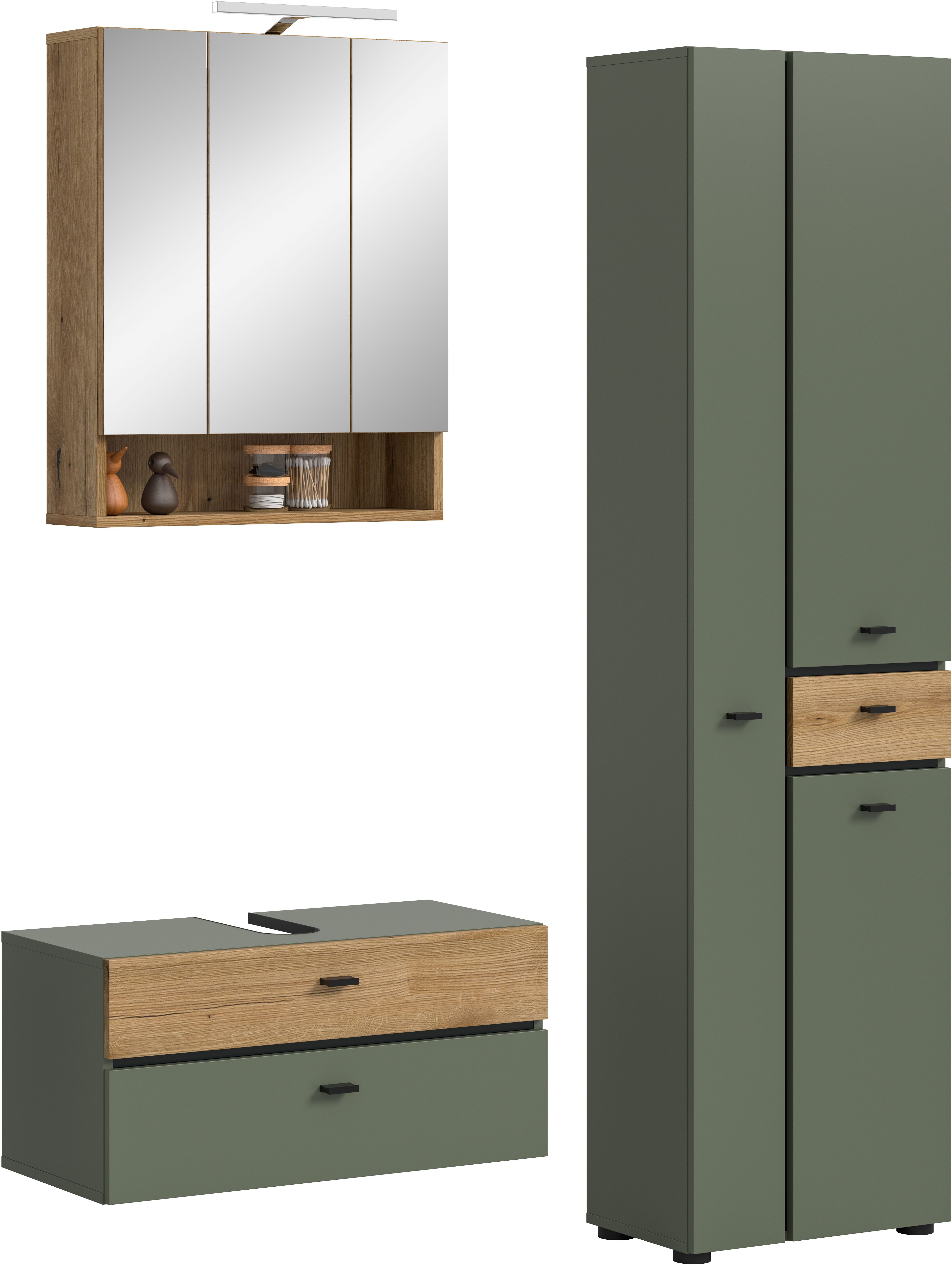 welltime Badmöbel-Set VANN, 3-teilige moderne Badkombination, inkl. Beleuchtung, (3-St., Waschbeckenunterschrank, Spiegelschrank inkl. Beleuchtung, Hochschrank), Bad-Kombination, Bad-Möbel, Badezimmer, Kombination, Kombi, Bad-Set