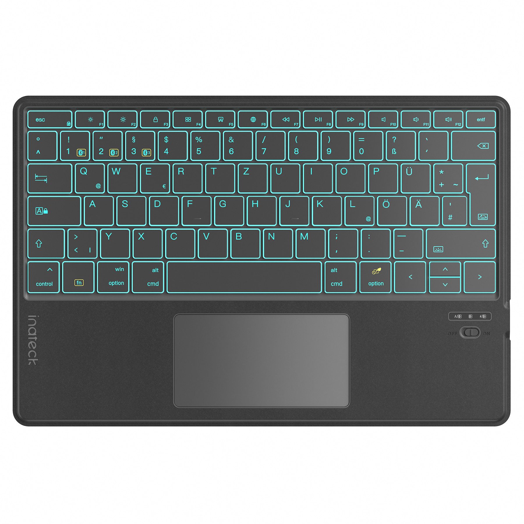 Inateck Bluethooth Tastatur mit Touchpad, mit 3 Bluetooth Kanälen, AI-Funktion Tablet-Tastatur (für Windows, iPad OS, Android, iOS)