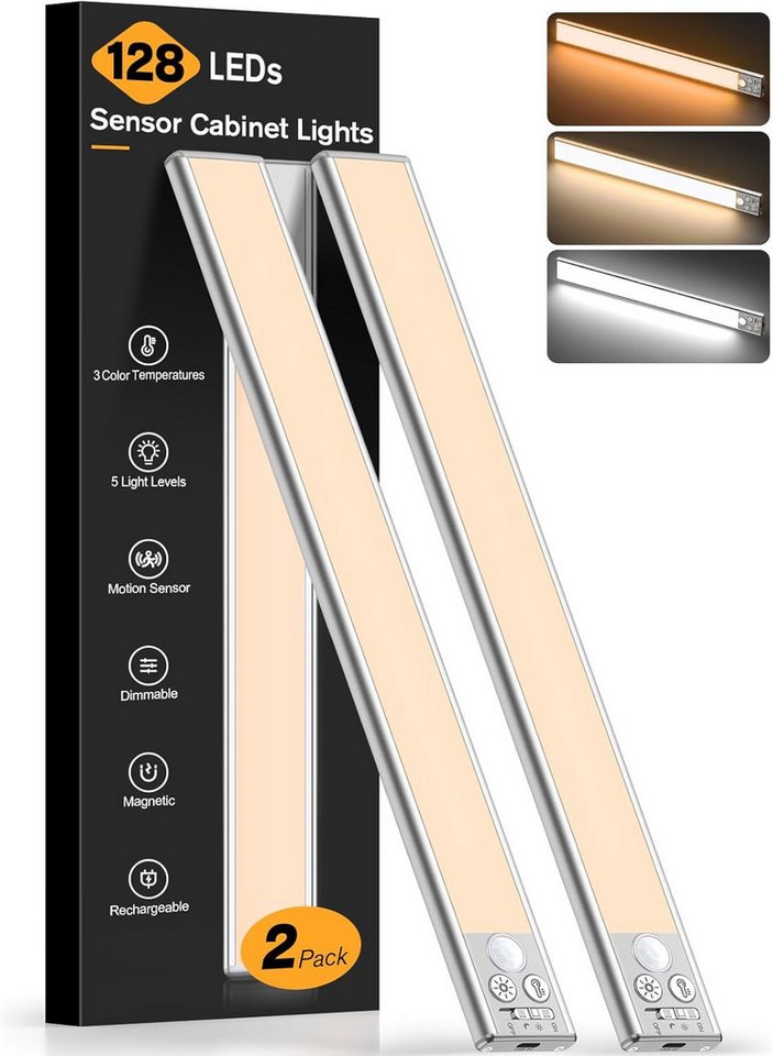 Athlix LED Unterbauleuchte 2er Unterbauleuchte Schrankbeleuchtung Kabellos mit Bewegungsmelder, LED fest integriert, 2 Stück - Warmweiß, Kaltweiß, Neutralweiß