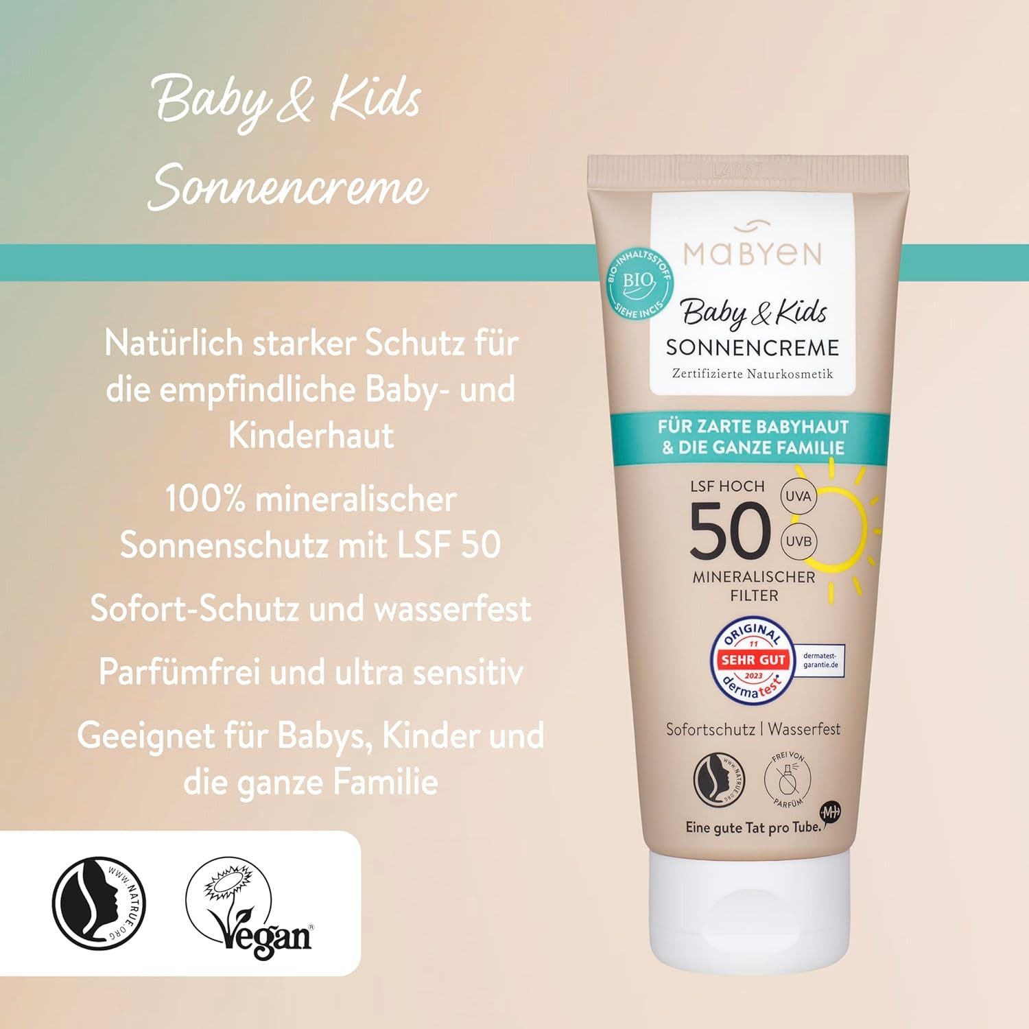 MABYEN Sonnenschutzcreme Baby & Kids Sonnencreme LSF 50, 100 ml, vegan, parfumfrei, wasserfest, 1-tlg., Für sensible Babyhaut geeignet, dermatologisch bestätigt