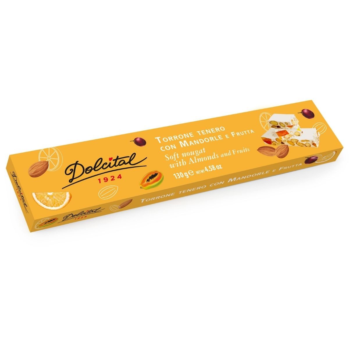 Dolcital Süßigkeit Torrone mit Mandeln und Früchten, Torrone tenero con Mandorle e Frutta, 130 g, Weißer, weicher Nougat