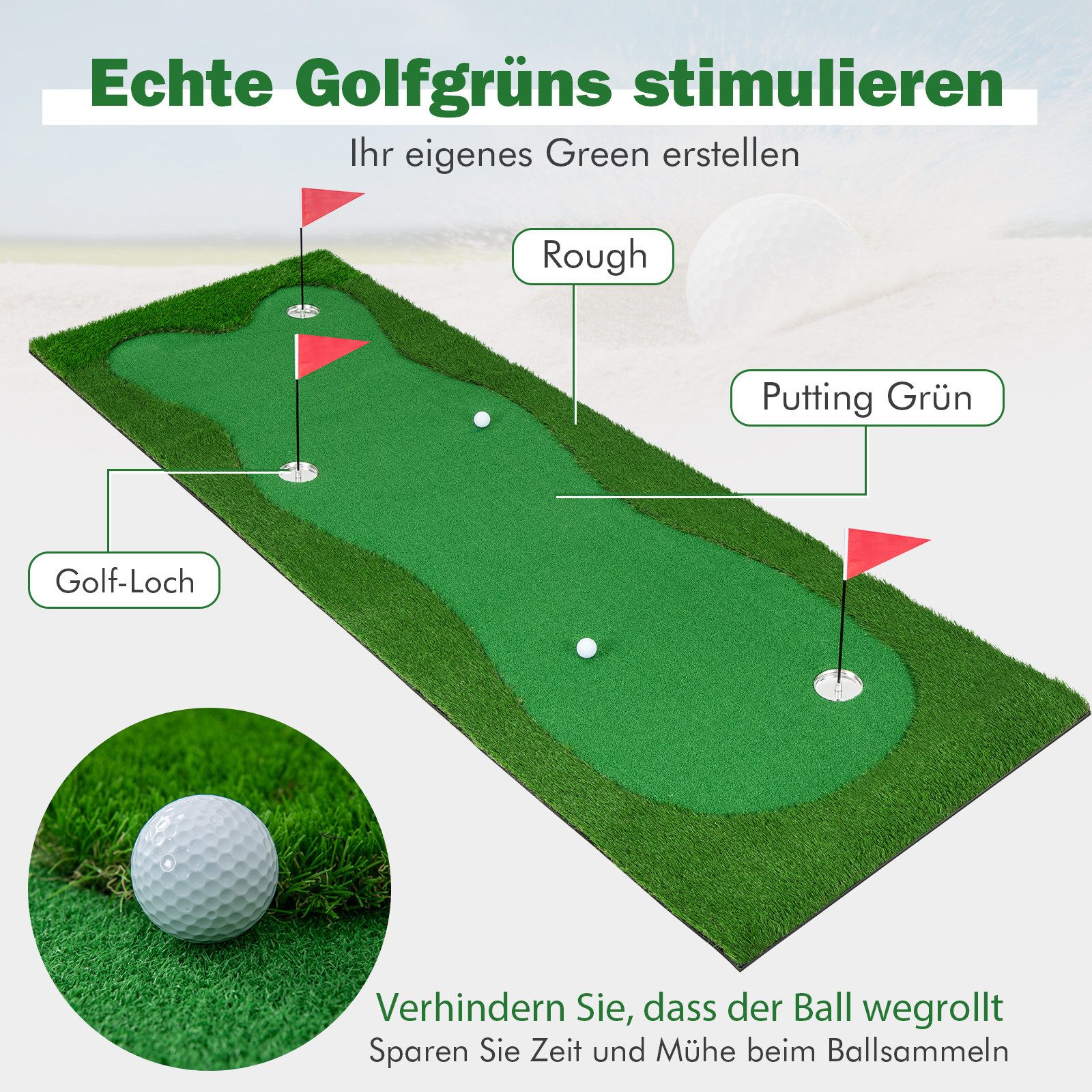COSTWAY Puttingmatte, 300 x 100cm Golfmatte mit 3 Löcher