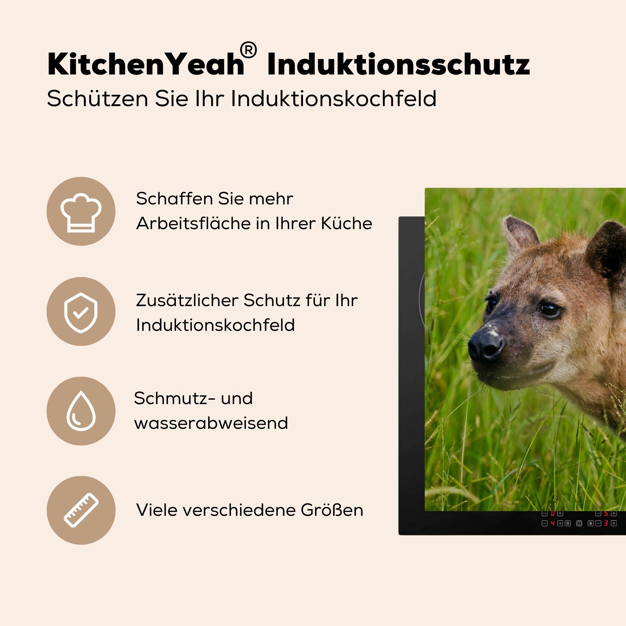 MuchoWow Herdblende-/Abdeckplatte Hyäne - Afrika Schutz Vinyl, (1 cm, - küche, Induktionskochfeld tlg), Ceranfeldabdeckung die Gras, für 71x52