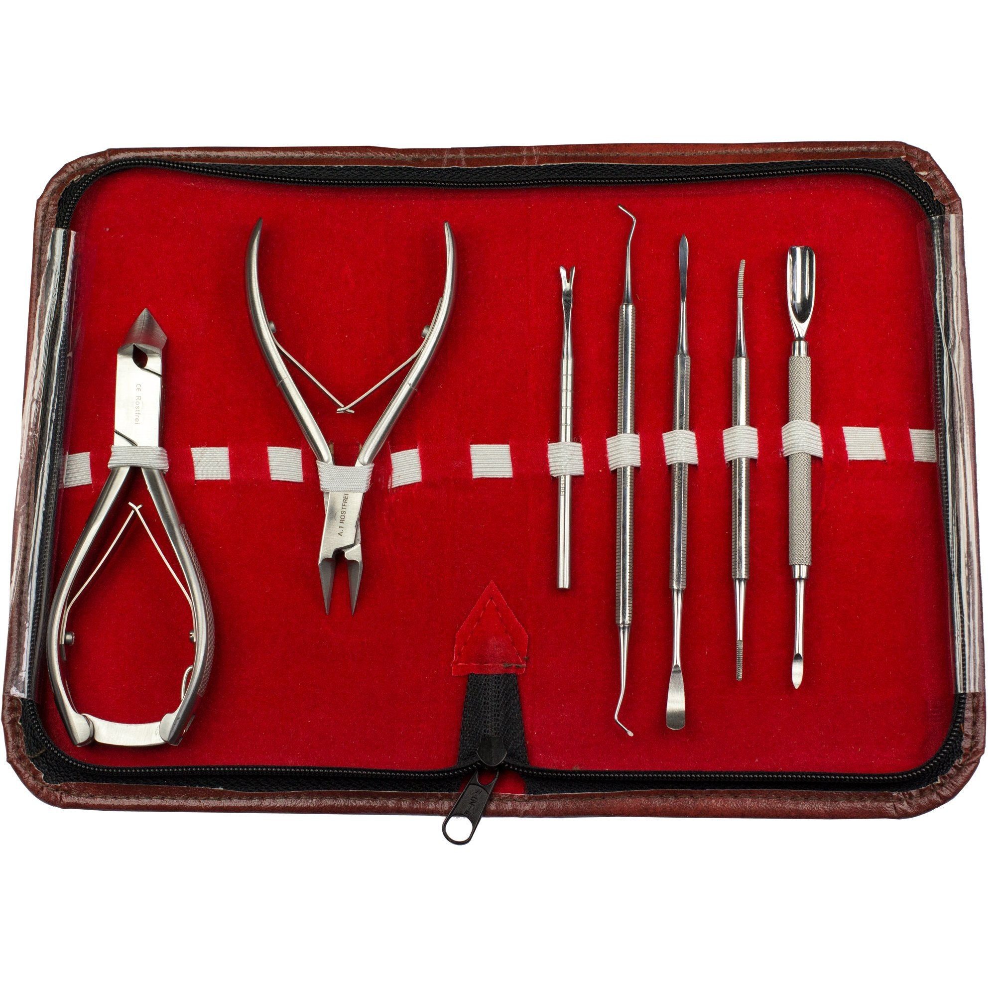 May Saphir-Nagelfeile Pediküre-Set - Nagelpflege Etui aus Kunstleder - Farbe: Rot - 7-teilig