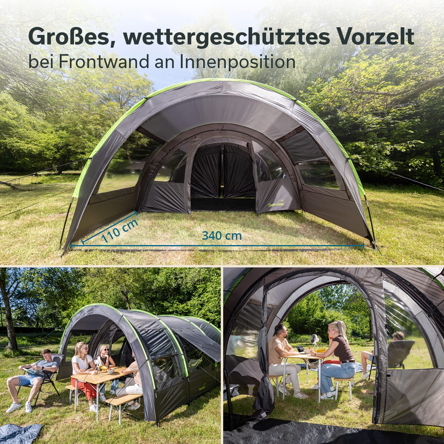 Skandika Tunnelzelt Kemi 4 Campingzelt mit 2 dunklen Schlafkabinen, Personen: 4, bewegliche Frontwand, wasserdicht, 2 m Stehhöhe, Vorzelt, Familienzelt