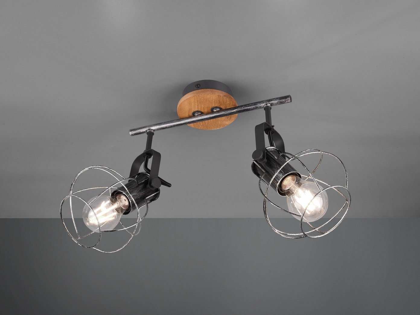 meineWunschleuchte LED Deckenstrahler, Holz-Baldachin mit Lampen-Schirme  Draht, Coole Gitter-Lampe Industrial 2 flammig für Treppenhaus,  Flur-Beleuchtung