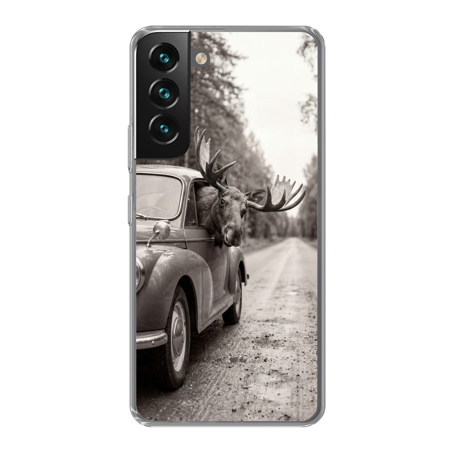 MuchoWow Handyhülle für Samsung Galaxy S22 Elch - Auto - Geweih - Schwarz - Weiß, Phone Case, Silikon, Schutzhülle Dünn
